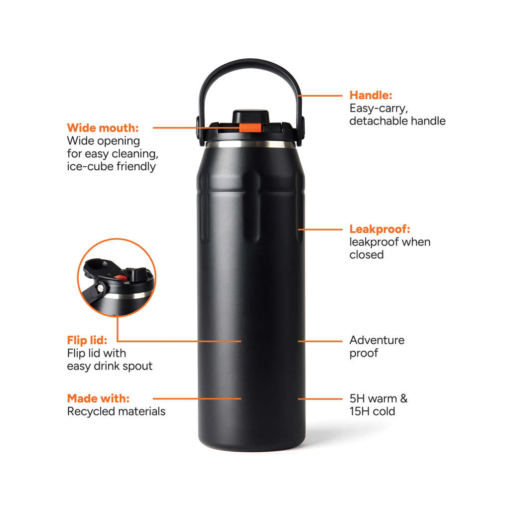 Nordic Drift trail Sportflasche 940 ml aus recyceltem RCS-Edelstahl, bedruckbar