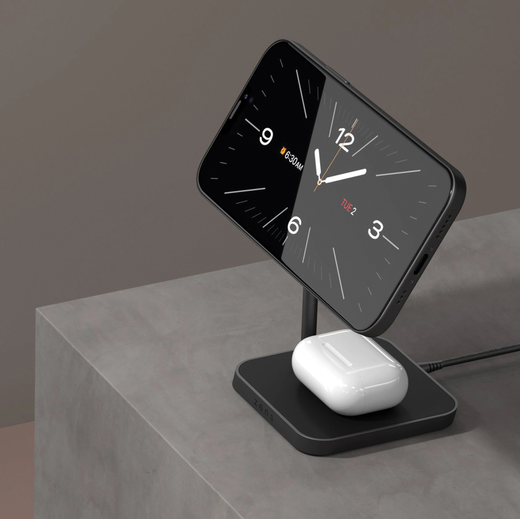 Zens Office Charger 2 Schwarz – kabellose 2-in-1-Ladestation aus Zinklegierung, mit Logo graviert oder bedruckt
