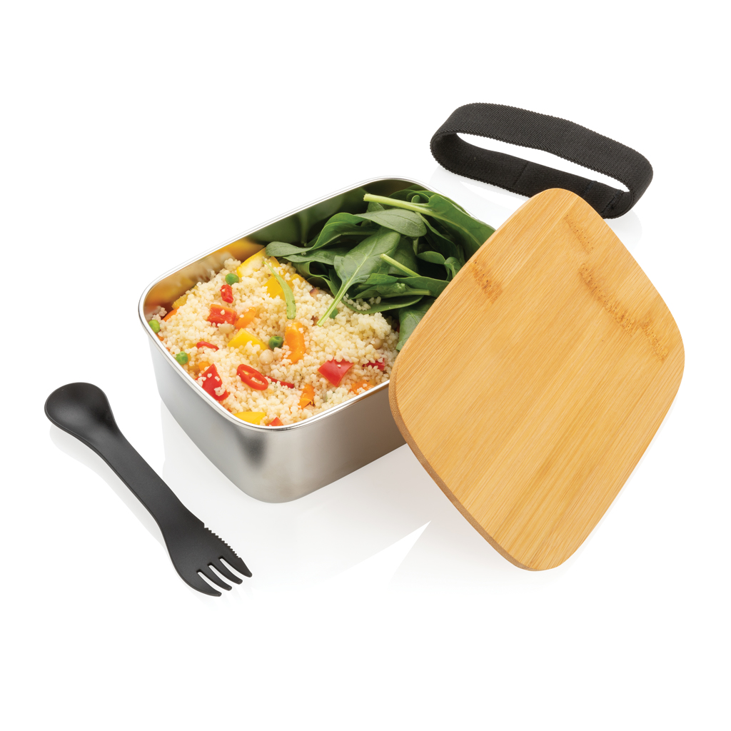 XD Collection Edelstahl-Lunchbox mit Bambus-Deckel und Göffel, 0,9 l – bedruckbar