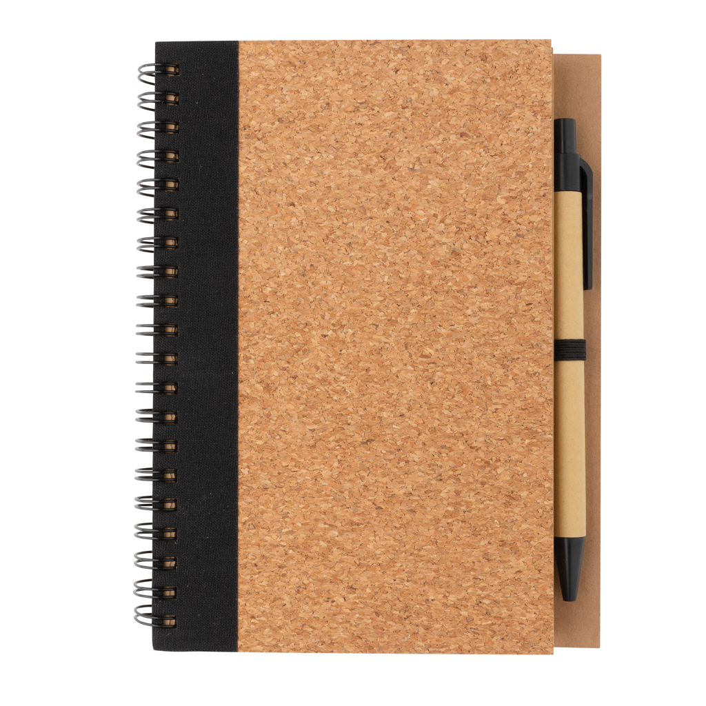 Recyclingpapier Kork-Spiral-Notizbuch mit Stift, schwarz Recyclingpapier Kork-Spiral-Notizbuch mit Stift, schwarz
