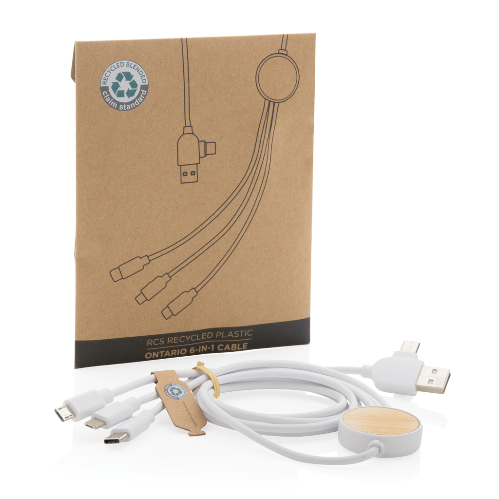 Ontario 6-in-1 Multikabel aus Recyclingmaterial – Vielseitiges Werbegeschenk für Events