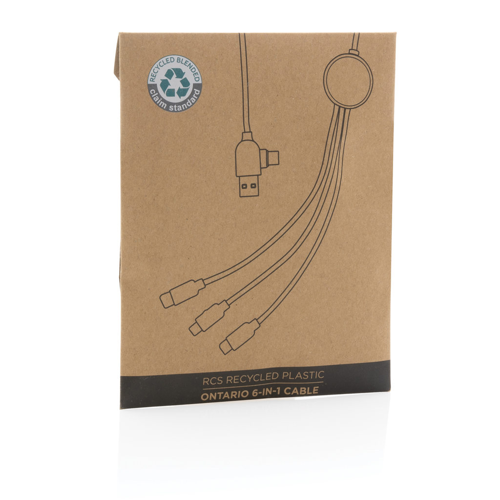 Ontario 6-in-1 Multikabel aus Recyclingmaterial – Vielseitiges Werbegeschenk für Events