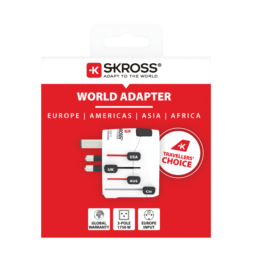SKROSS Pro 3-Pol Reiseadapter weltweit, 100+ Länder, weiß