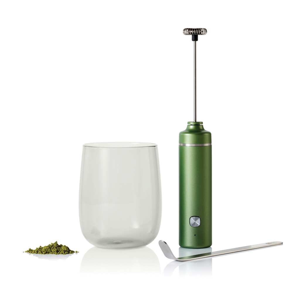 AdHoc Matcha-Genießerset Chado mit Aufschäumer, Glas und Löffel – mit Logo bedruckbar