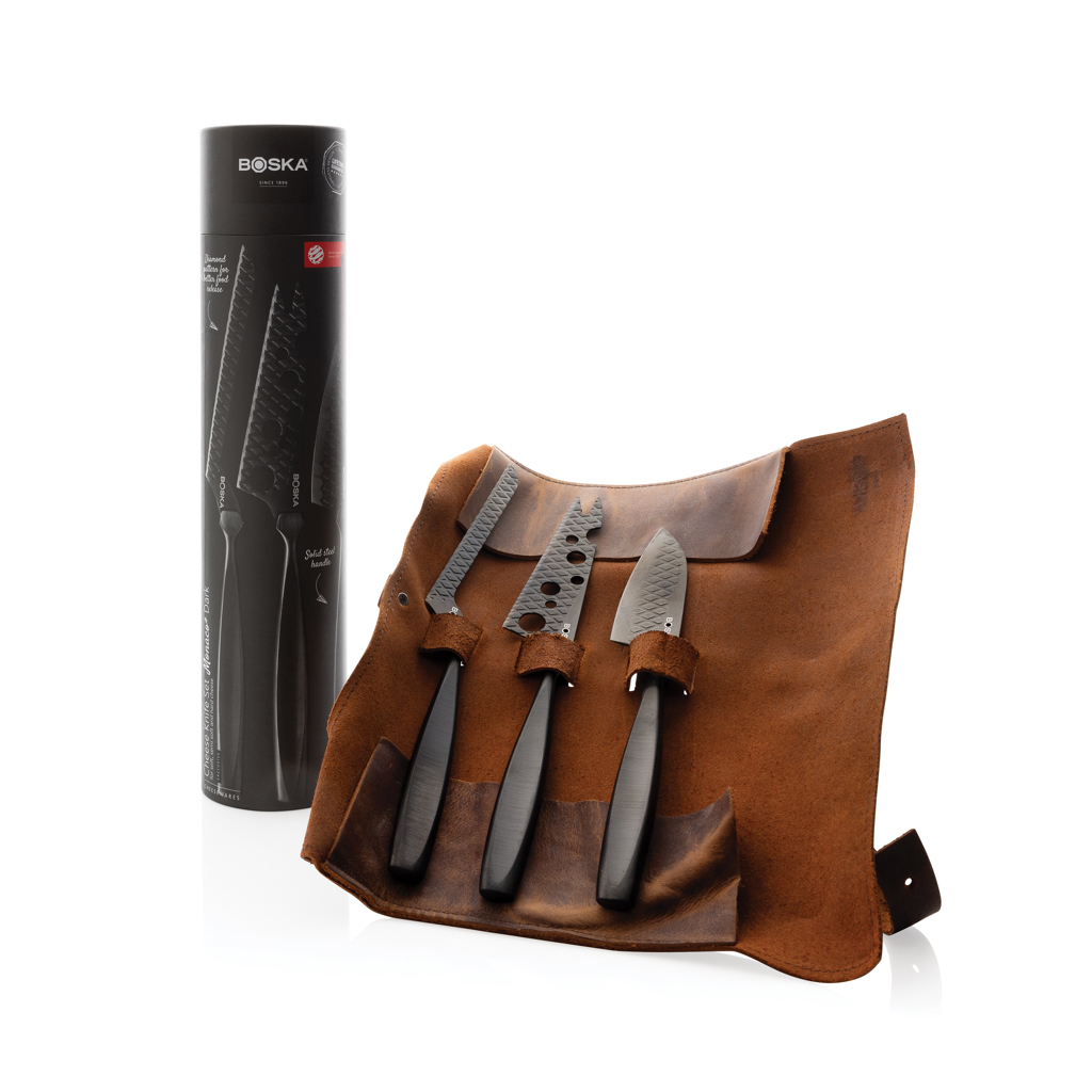 BOSKA Monaco+ Black Käsemesserset aus Edelstahl mit Lederhülle, mit Logo veredelbar BOSKA Monaco+ Black Käsemesserset aus Edelstahl mit Lederhülle, mit Logo veredelbar