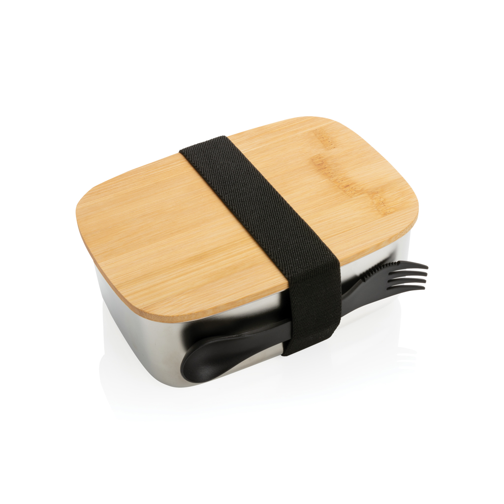 XD Collection Edelstahl-Lunchbox mit Bambus-Deckel und Göffel, 0,9 l – bedruckbar XD Collection Edelstahl-Lunchbox mit Bambus-Deckel und Göffel, 0,9 l – bedruckbar