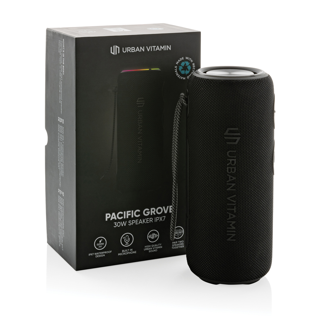 Urban Vitamin Pacific Grove 30W IPX7 Bluetooth-Speaker aus RCS-Recyclingmaterial mit Lasergravur Urban Vitamin Pacific Grove 30W IPX7 Bluetooth-Speaker aus RCS-Recyclingmaterial mit Lasergravur