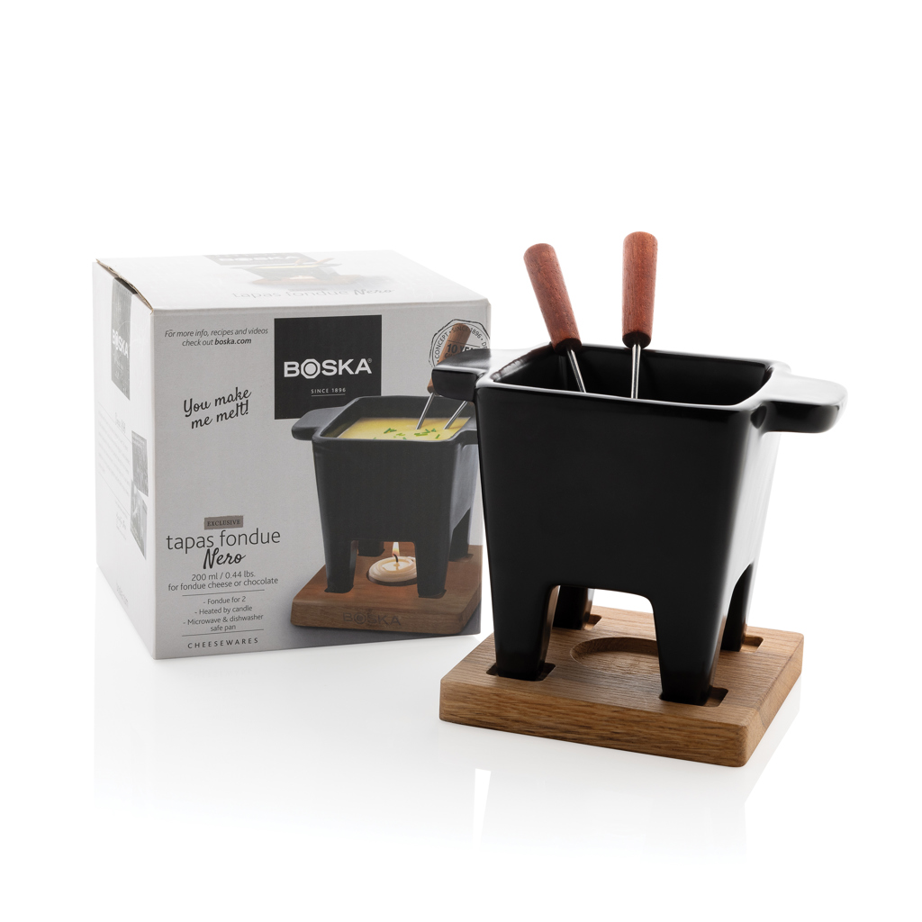 BOSKA Tapas Fondue Nero 300 ml — Keramik-Fondue-Set für zwei, mikrowellengeeignet, mit Logodruck