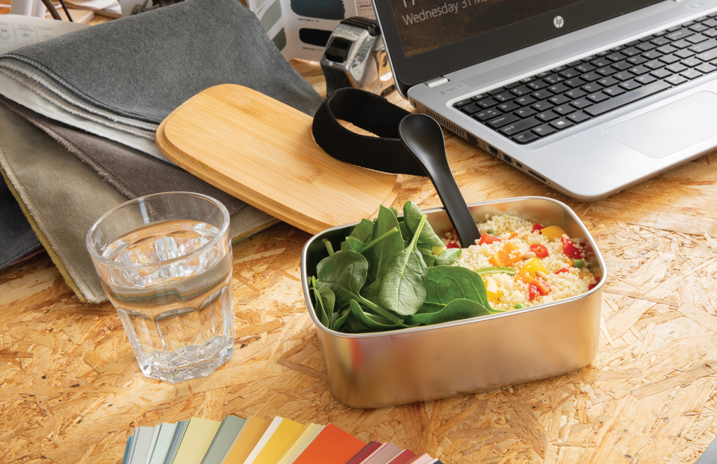 XD Collection Edelstahl-Lunchbox mit Bambus-Deckel und Göffel, 0,9 l – bedruckbar