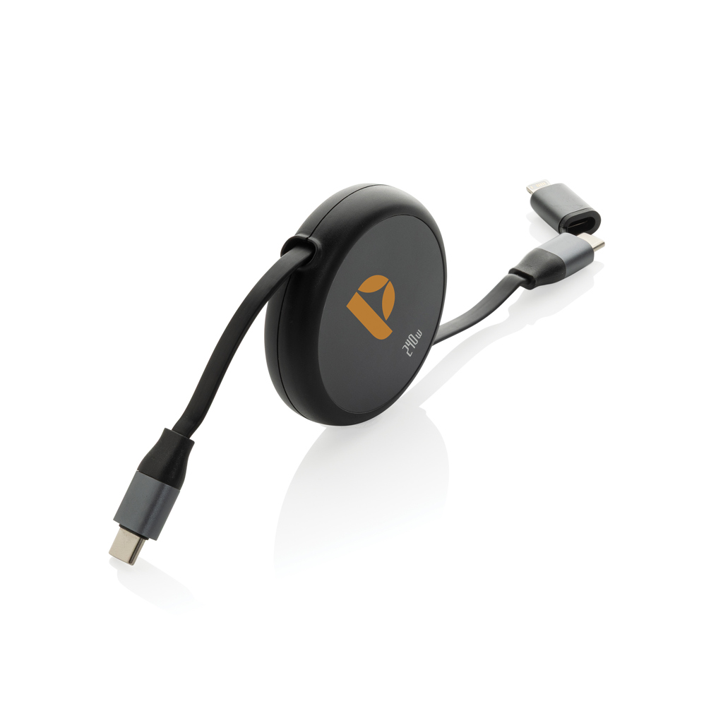 Terra 240W 2-in-1 Ladekabel ausziehbar aus RCS-recyceltem Aluminium mit Logo bedrucken