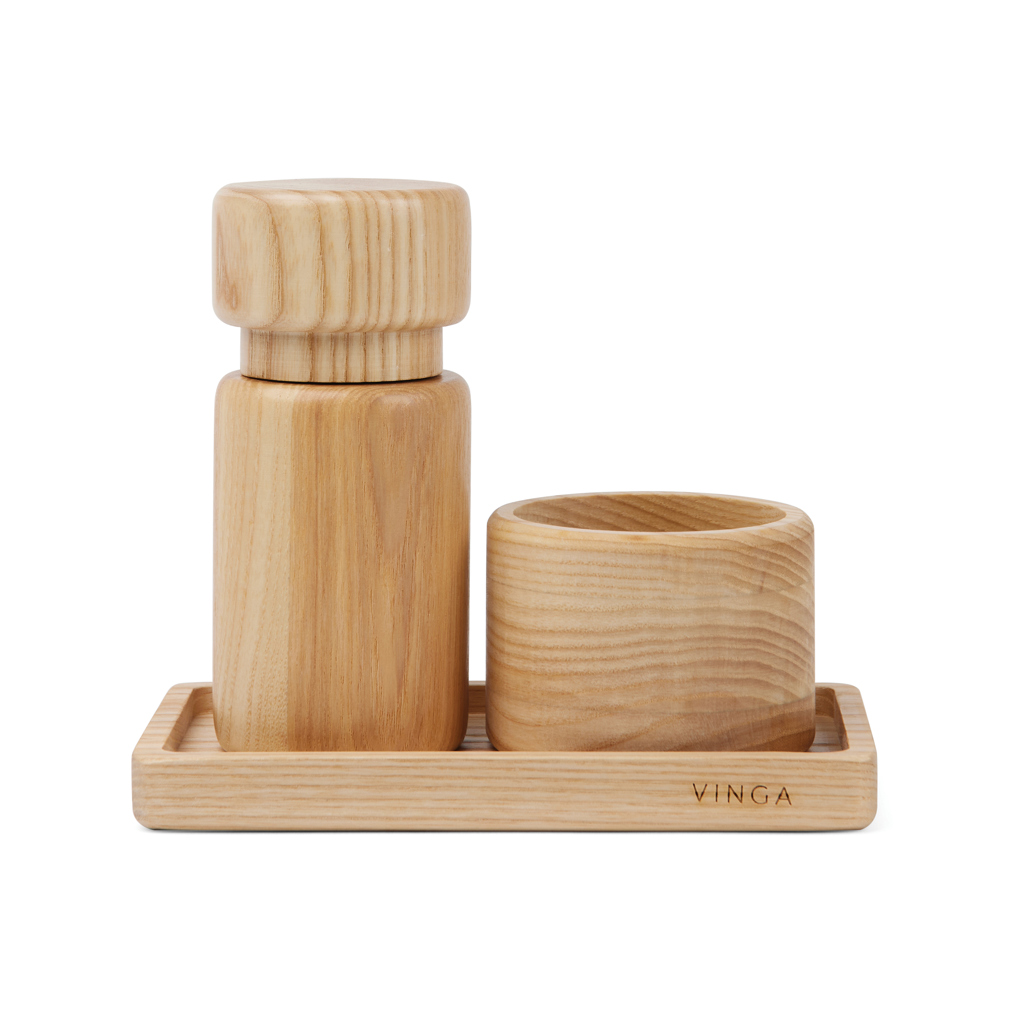 VINGA Retro Salz- und Pfeffermühlen-Set aus FSC-Eschenholz mit Tablett, mit Logo veredelbar