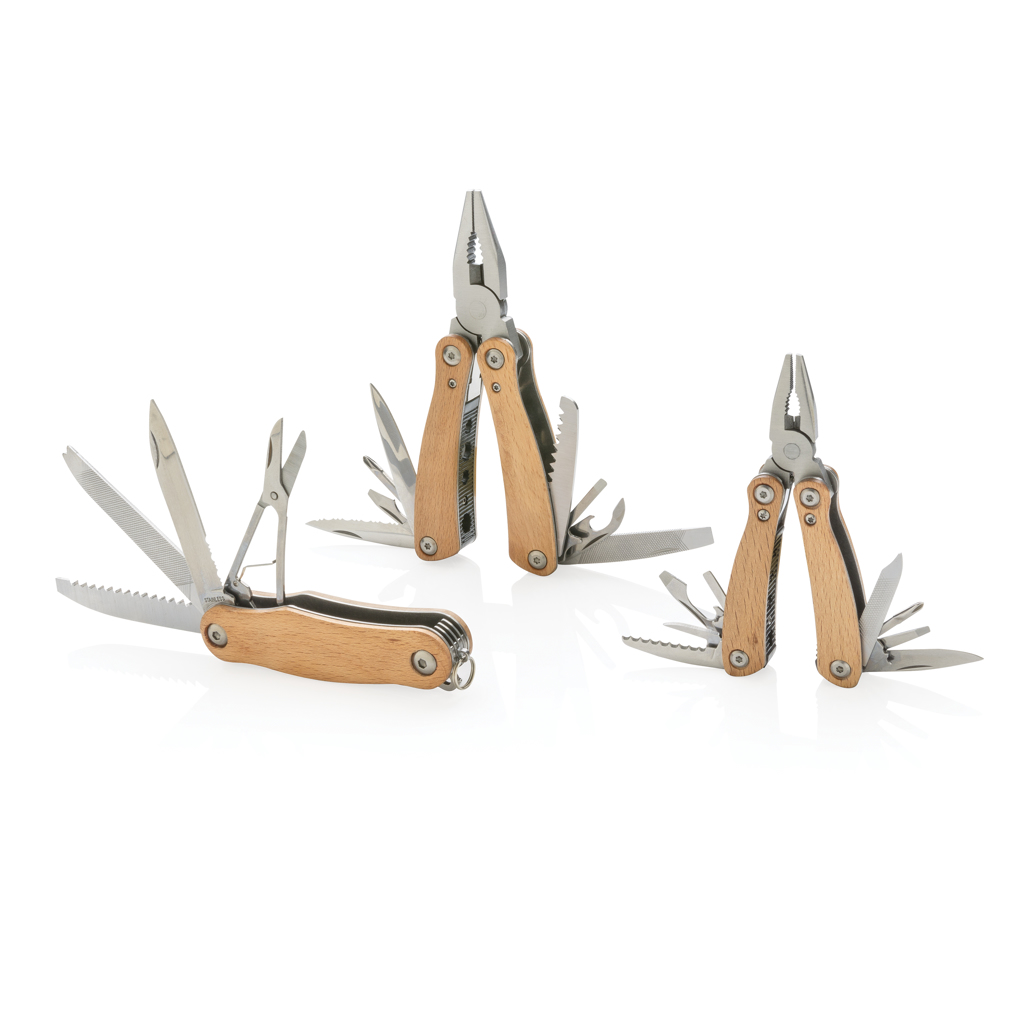 XD Collection Holz Mini-Multitool – 12-in-1 mit Buchengriff, veredelbar mit Lasergravur oder Tampondruck