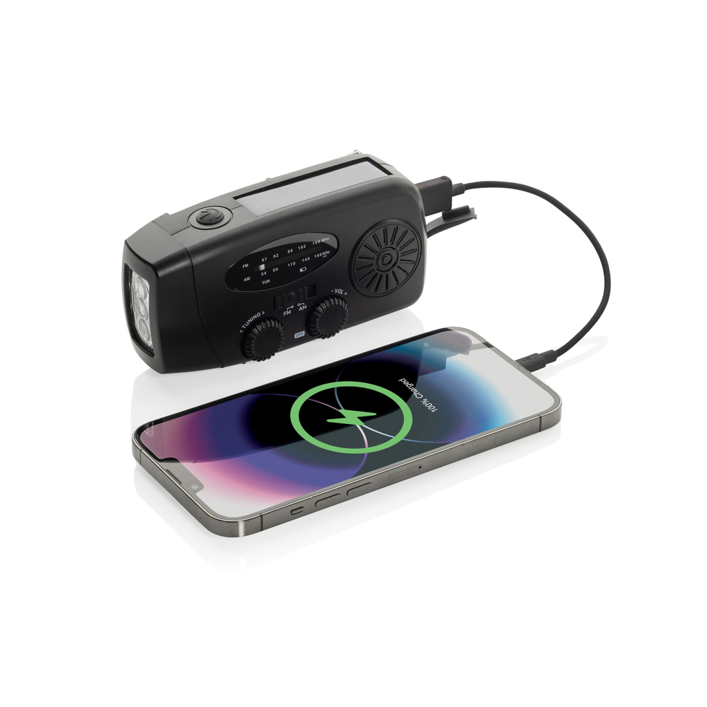 XD Collection RescueWave Notfallradio mit Solar, Handkurbel und Powerbank — ABS recycelt, bedruckbar