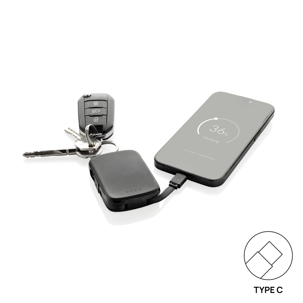 XD Collection Nexo Schlüsselanhänger-Powerbank 2.000 mAh mit Lightning- und USB-C-Kabel – bedruckbar