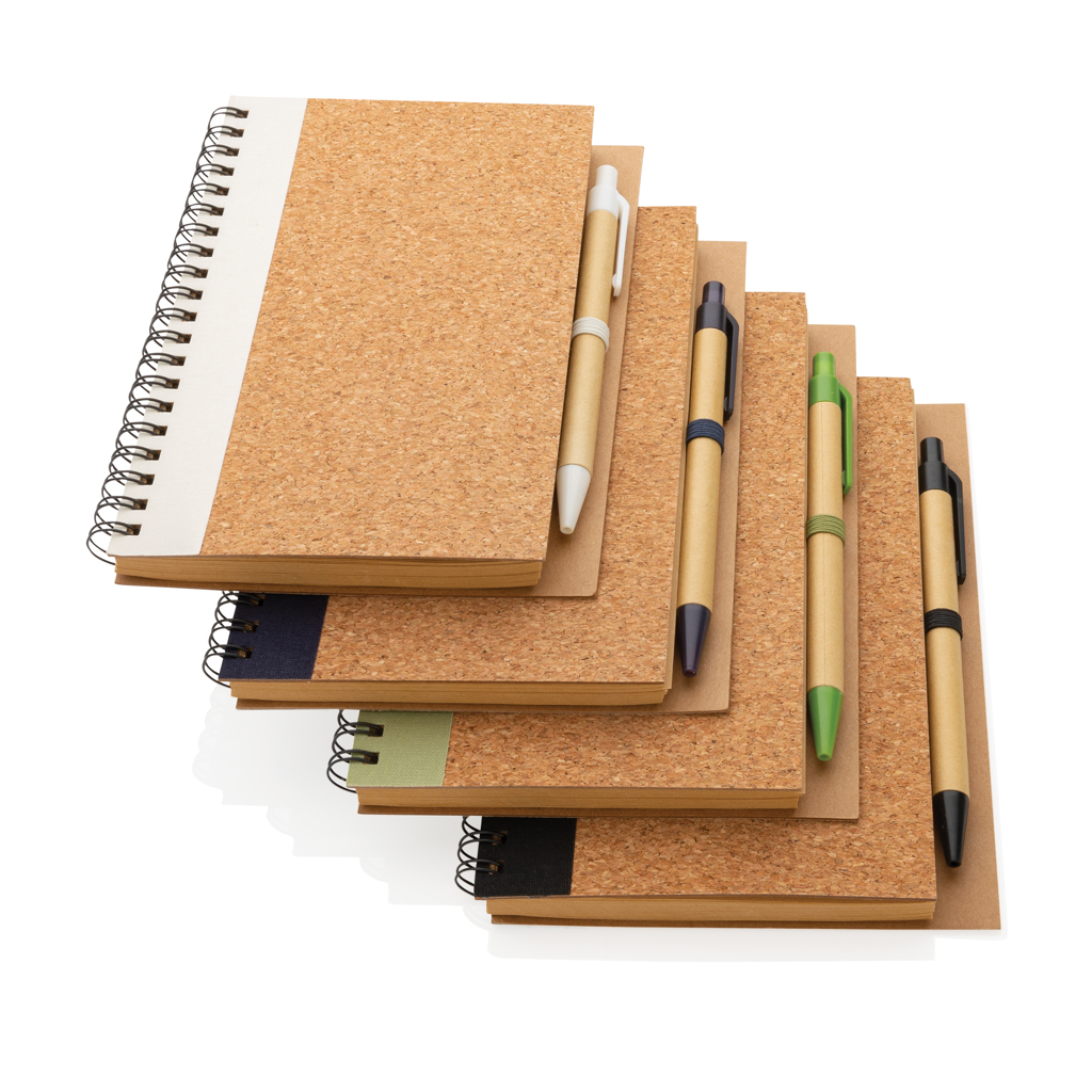 Recyclingpapier Kork-Spiral-Notizbuch mit Stift, schwarz