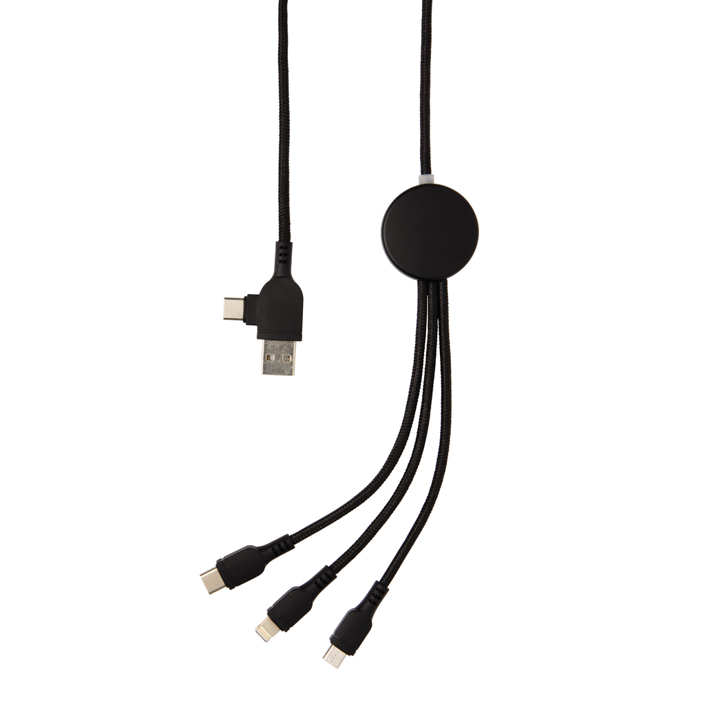 PVC-frei 6‑in‑1 Multiladekabel Type‑C/USB, Logo‑LED schwarz PVC-frei 6‑in‑1 Multiladekabel Type‑C/USB, Logo‑LED schwarz