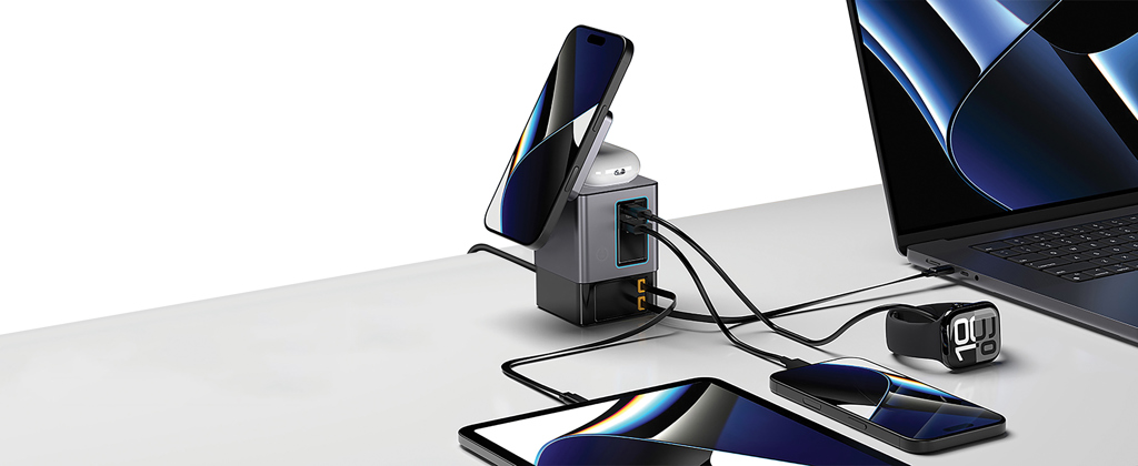 Urban Vitamin Sacramento 105W GaN-Charger mit einziehbaren USB-C-Kabeln & Wireless-Charging