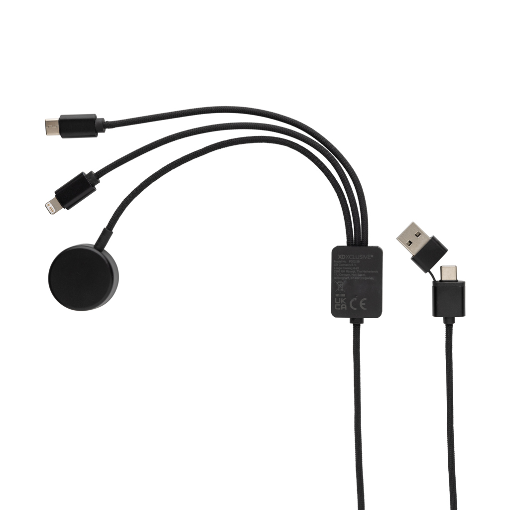 RCS-zertifiziertes 6-in-1 rPET-Ladekabel mit Uhrenlader grau RCS-zertifiziertes 6-in-1 rPET-Ladekabel mit Uhrenlader grau