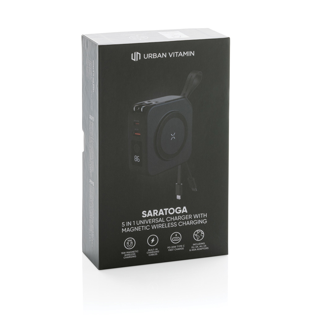 Urban Vitamin Saratoga 5-in-1 Powerbank 10.000 mAh mit Reise-Adaptern – bedruckbar