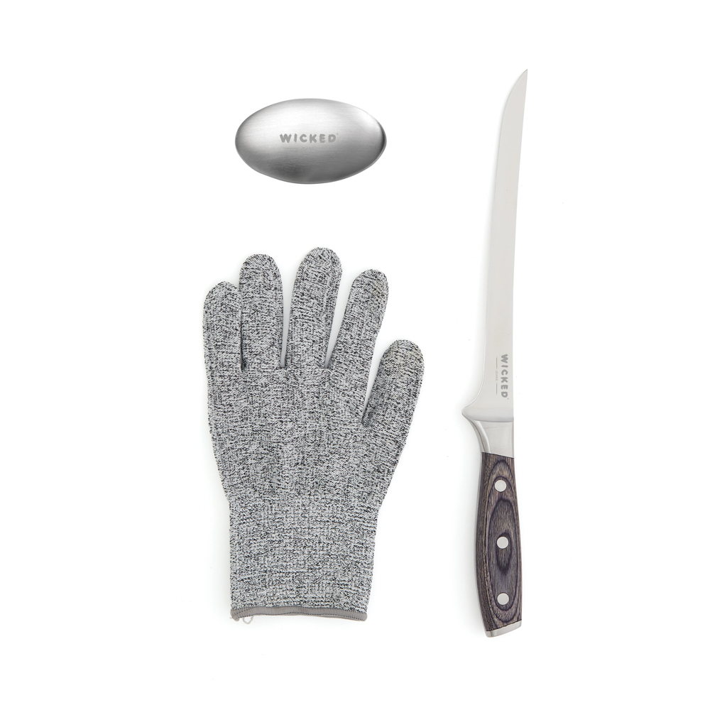VINGA Kaiser Filetierset mit Filetiermesser, Kettenhandschuh und Metallseife – mit Logo-Gravur veredelbar