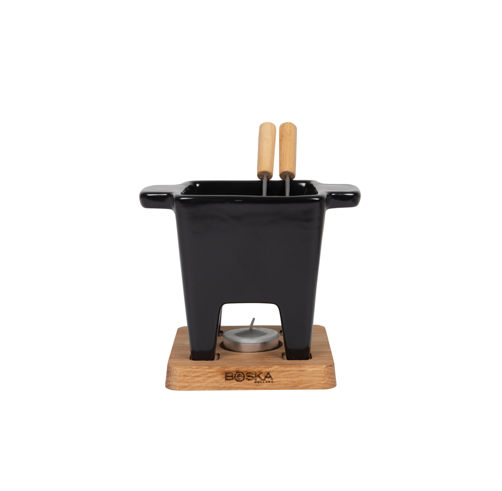 BOSKA Tapas Fondue Nero 300 ml — Keramik-Fondue-Set für zwei, mikrowellengeeignet, mit Logodruck