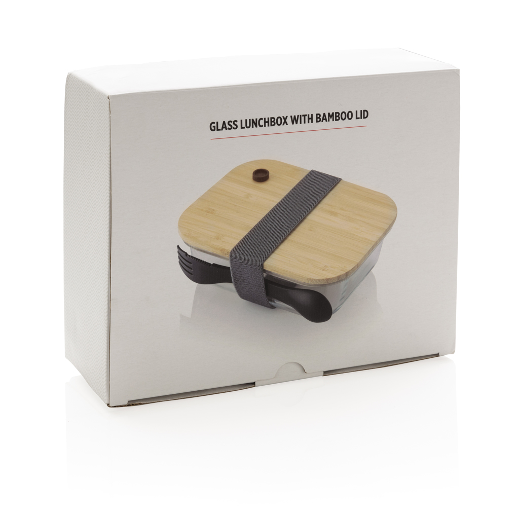 XD Collection Glas-Lunchbox mit Bambusdeckel und Göffel — bedruckbar XD Collection Glas-Lunchbox mit Bambusdeckel und Göffel — bedruckbar