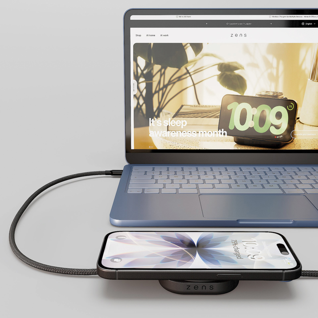 Zens Ladekabel USB C-C Pro 2 – 2-in-1 mit Qi2 15 W kabellos, Aluminium, mit Logo