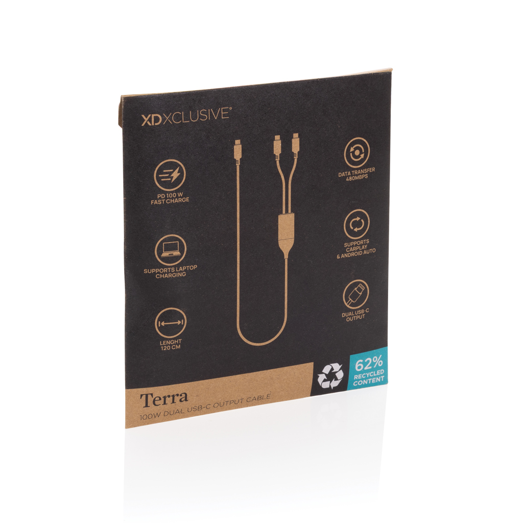 XD Xclusive Terra 100W-Ladekabel mit zwei USB-C-Ausgängen, bedruckbar mit Logo