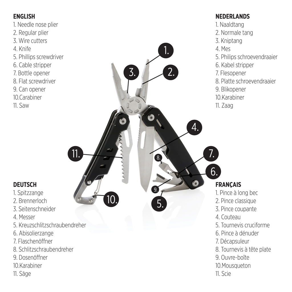XD Collection Solid Multitool mit Karabiner – 11 Funktionen, Aluminium-Case, individuell bedruckbar