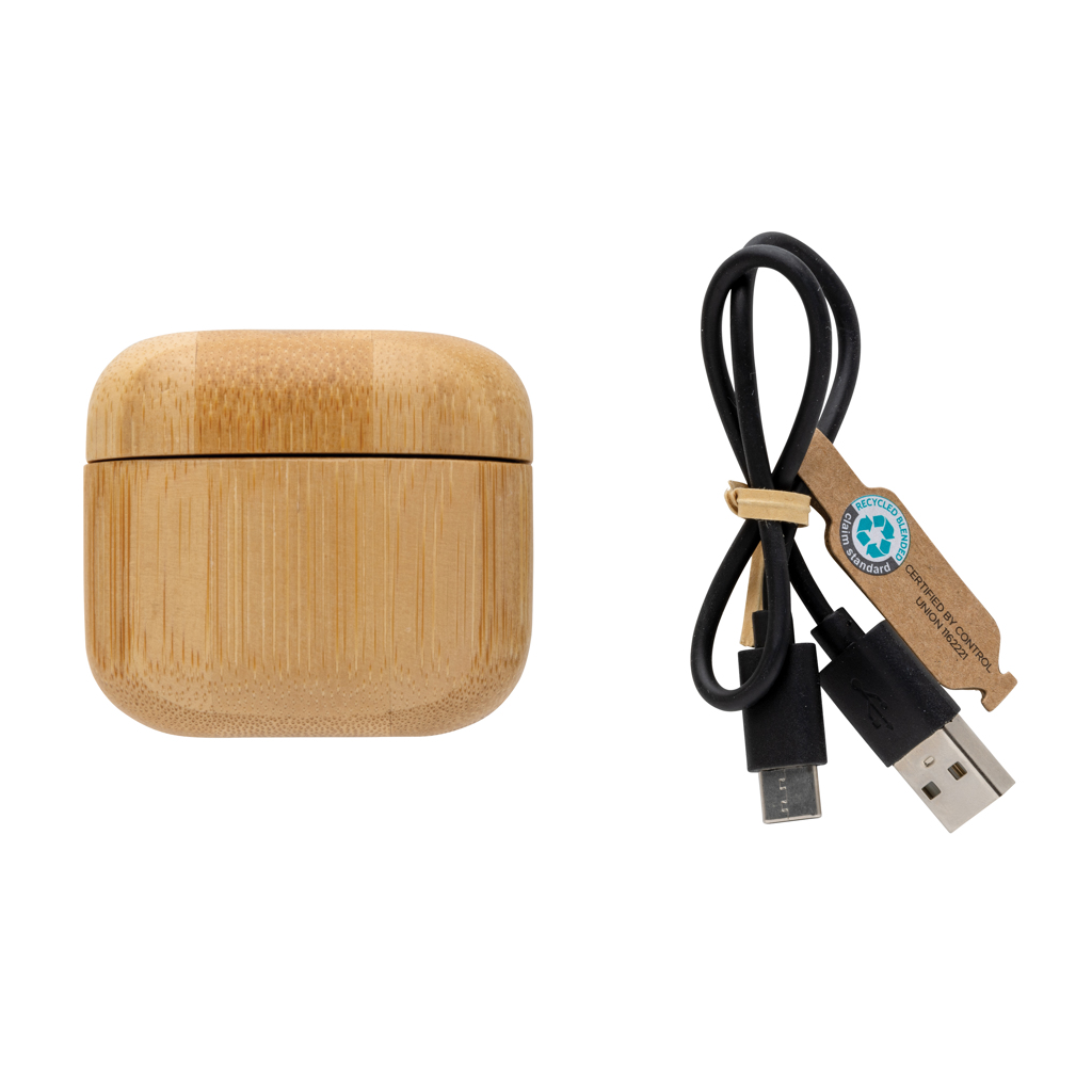 XD Collection TWS-Kopfhörer aus FSC-Bambus und RCS-recyceltem ABS mit Ladecase