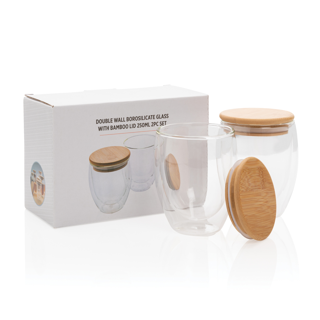XD Collection 2-tlg. Borosilikatglas-Set 250 ml mit Bambusdeckel — bedruckbar