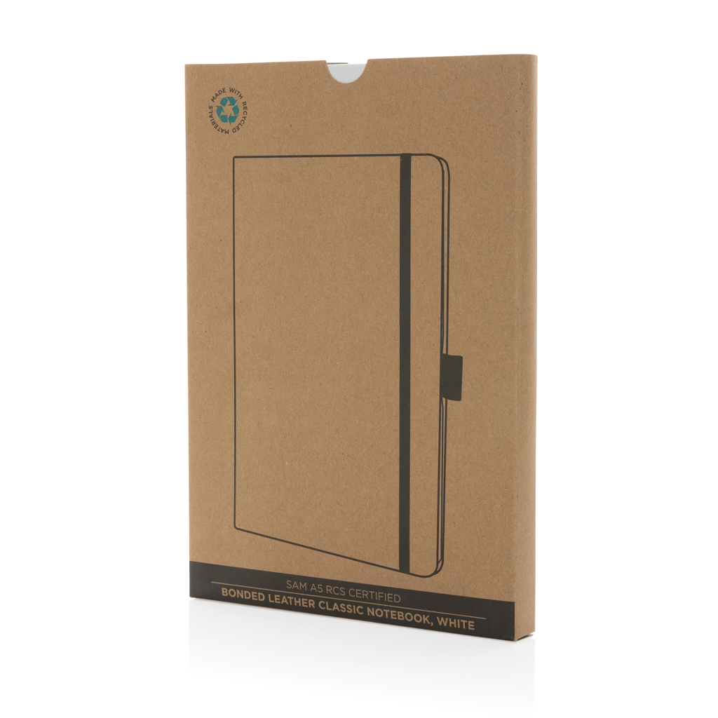 Sam A5 Notizbuch aus recyceltem Lederfaserstoff – Elegantes Eventgeschenk mit Logo