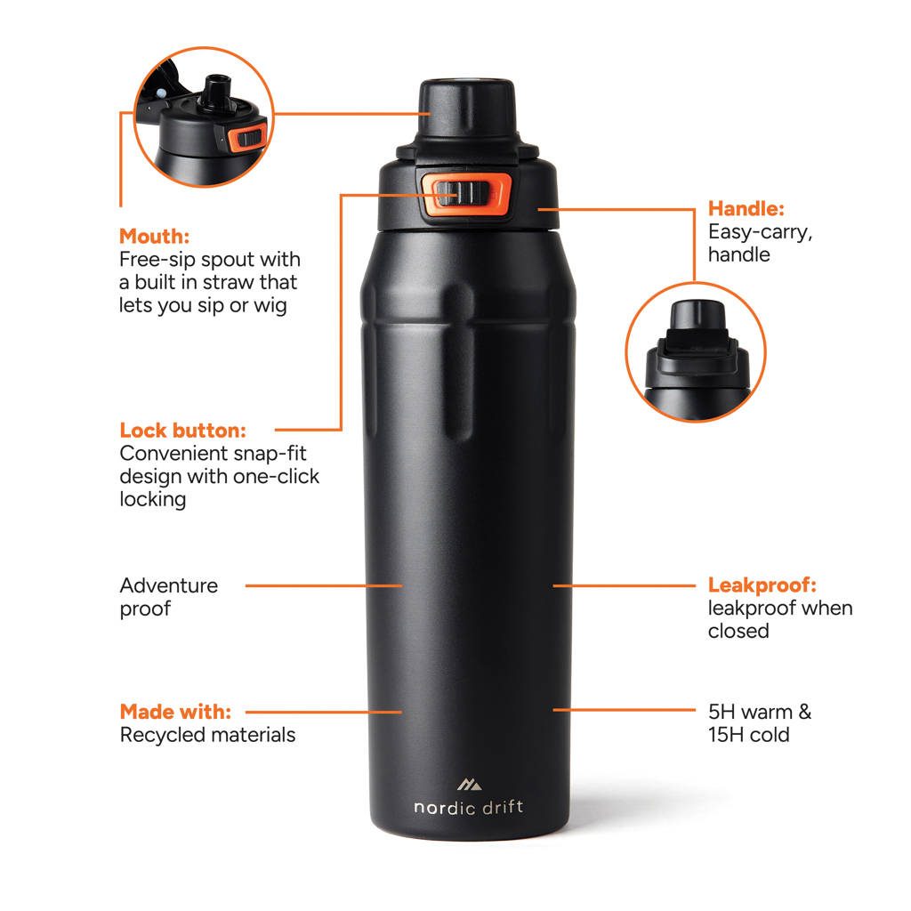 Nordic Drift Trail Sportflasche 750 ml RCS Edelstahl, schwarz – mit Lasergravur oder Tampondruck