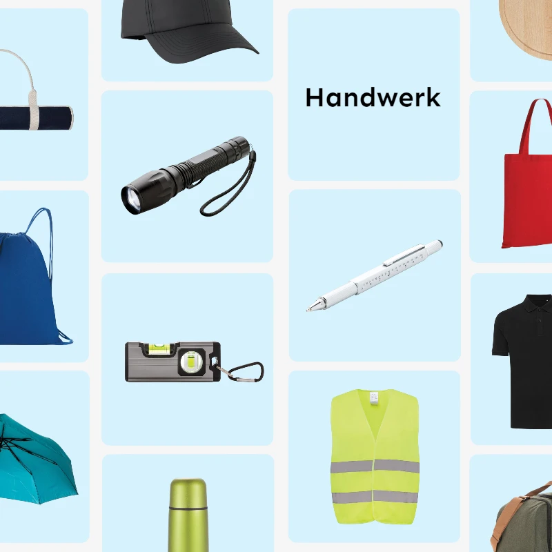 Werbeartikel fürs Handwerk: Taschenlampe, Wasserwaage, Werkzeug-Kugelschreiber, Warnweste und Poloshirt