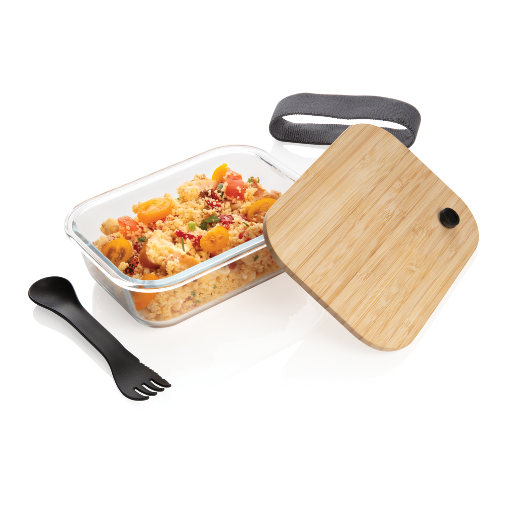 XD Collection Glas-Lunchbox mit Bambusdeckel und Göffel — bedruckbar