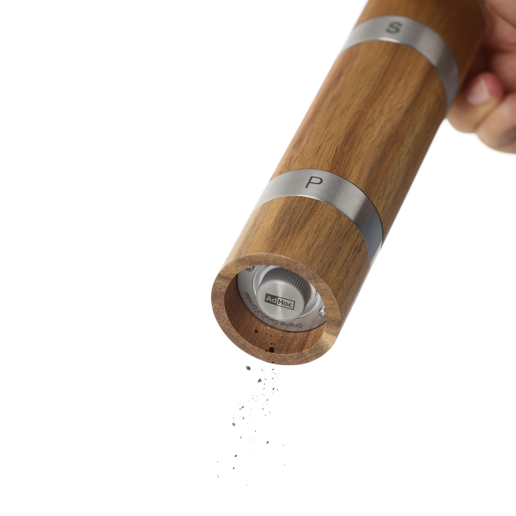 AdHoc Duomill Doppelmühle für Pfeffer und Salz aus Akazienholz mit Logo
