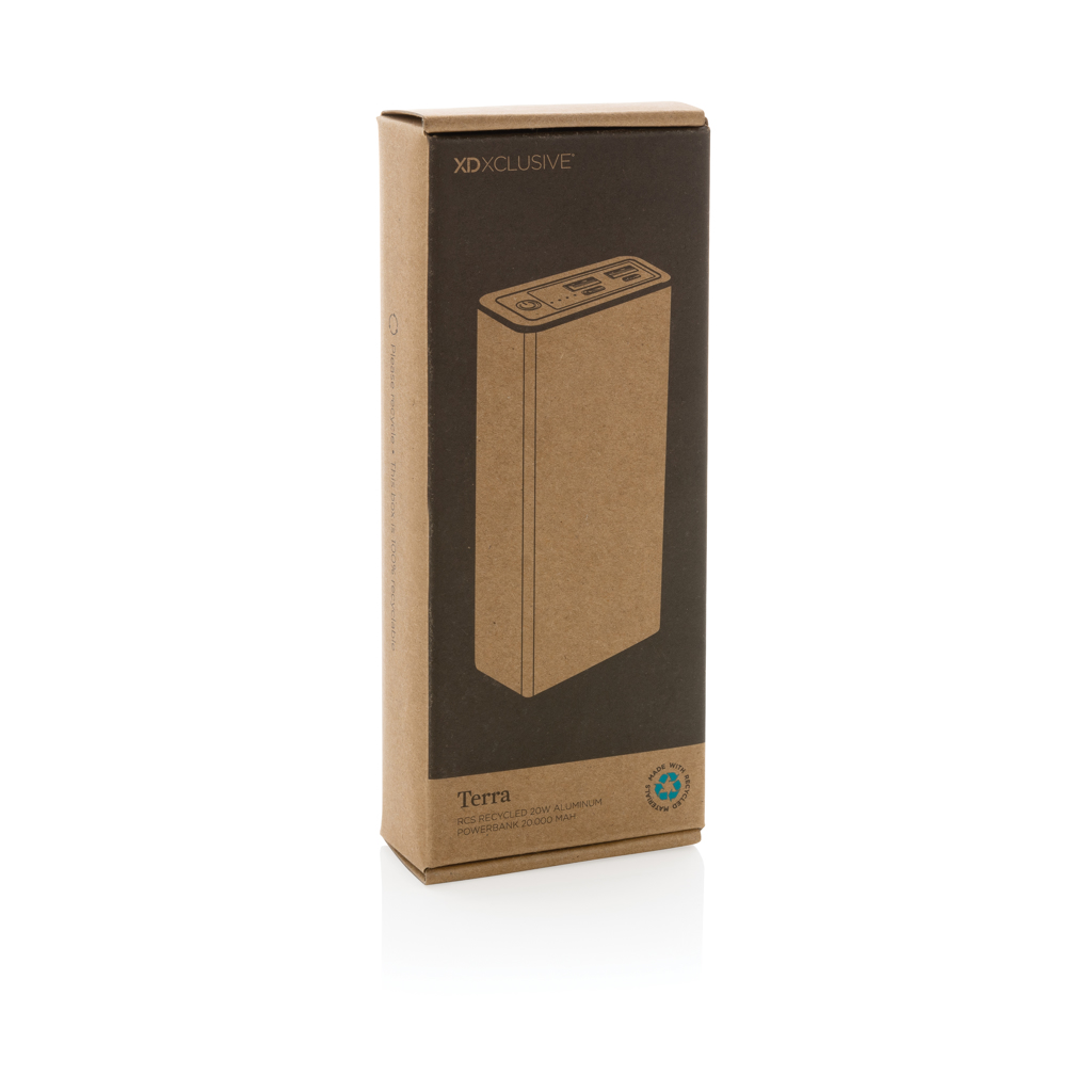 Terra 20.000 mAh 20 W Powerbank aus RCS-recyceltem Aluminium – mit Logo veredelbar Terra 20.000 mAh 20 W Powerbank aus RCS-recyceltem Aluminium – mit Logo veredelbar