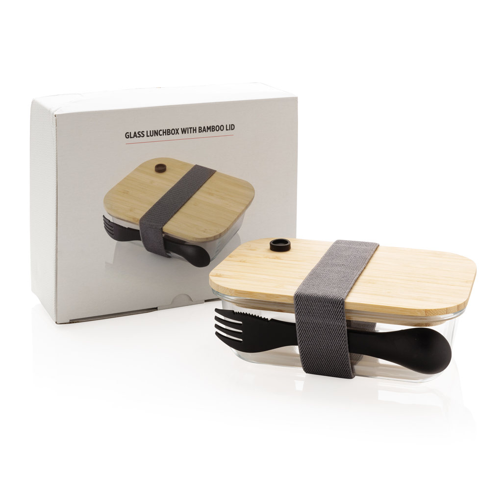XD Collection Glas-Lunchbox mit Bambusdeckel und Göffel — bedruckbar XD Collection Glas-Lunchbox mit Bambusdeckel und Göffel — bedruckbar