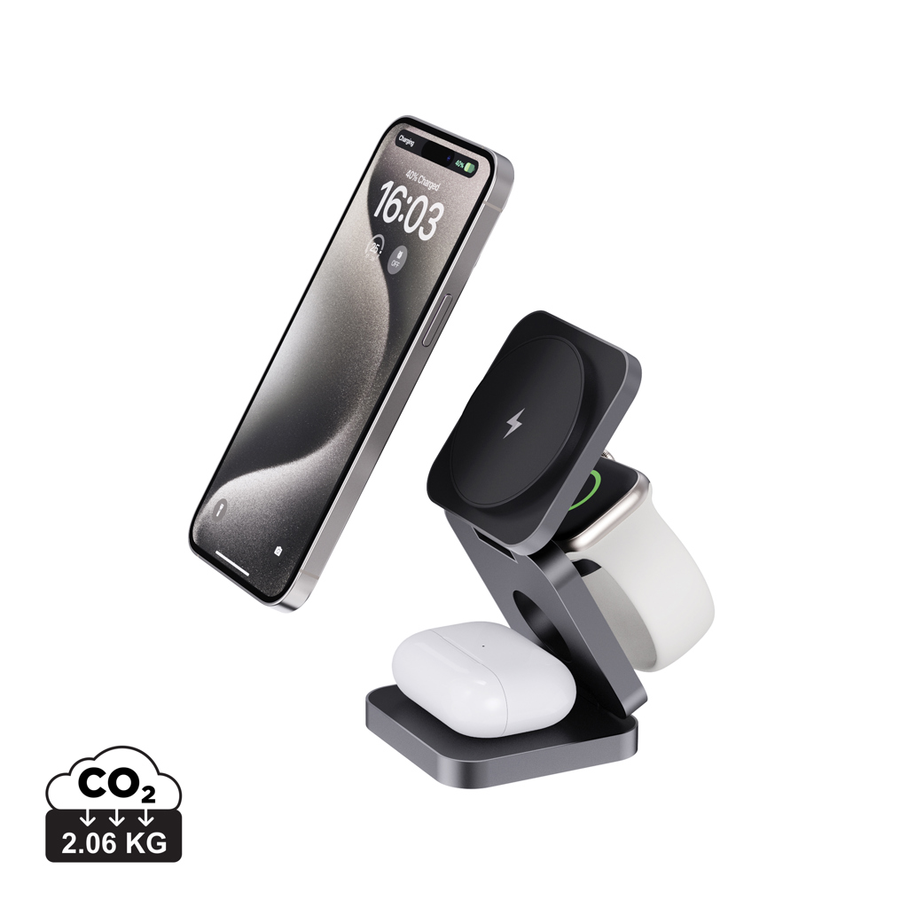 Terra faltbares 3-in-1 Wireless Charger 15W aus recyceltem RCS-Aluminium und RCS-ABS