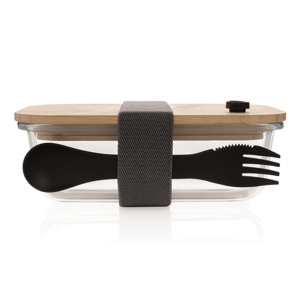 XD Collection Glas-Lunchbox mit Bambusdeckel und Göffel — bedruckbar