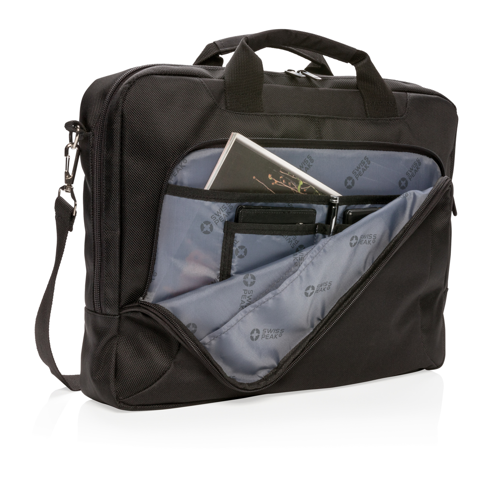 Swiss Peak Deluxe Laptop-Tasche 15,6 Zoll aus 1680D-Polyester, schwarz, mit Logo veredelbar Swiss Peak Deluxe Laptop-Tasche 15,6 Zoll aus 1680D-Polyester, schwarz, mit Logo veredelbar