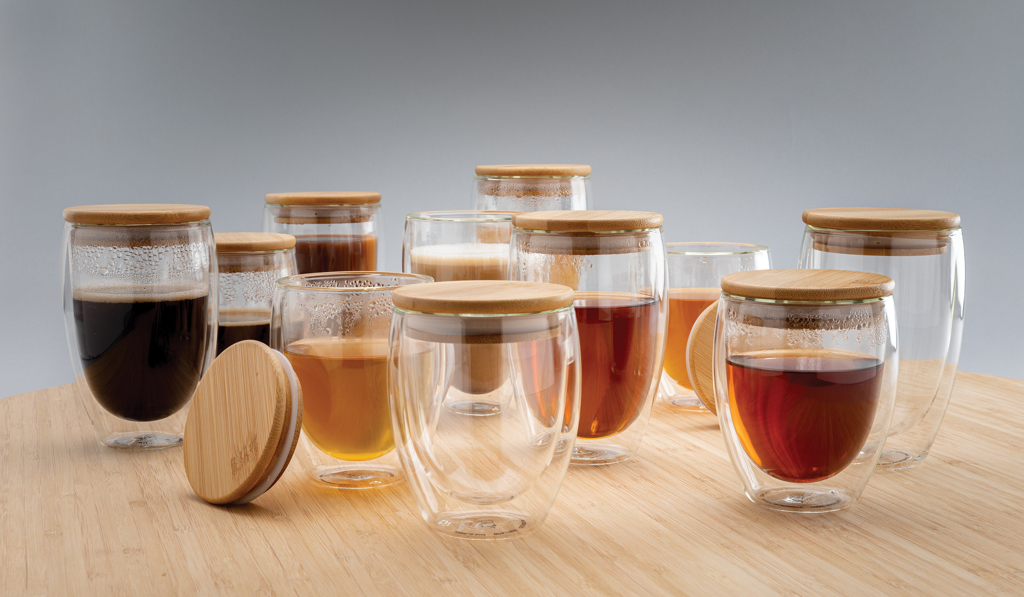 XD Collection Borosilikatglas-Set 350 ml mit Bambusdeckel, bedruckbar
