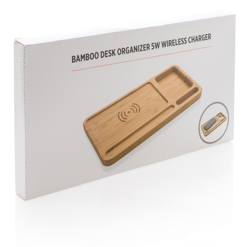 Bambus Schreibtisch-Organizer mit QI 5W Ladefläche – braun
