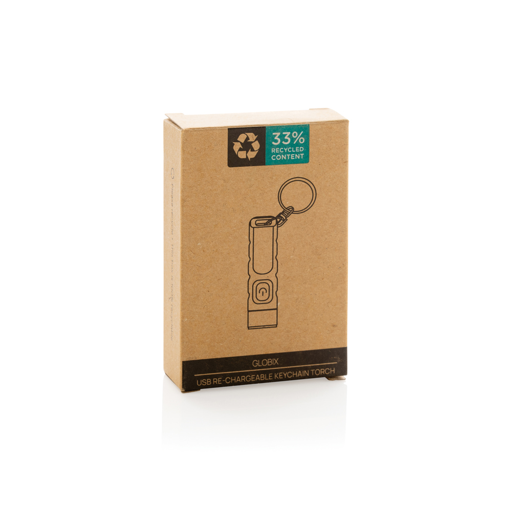 Globix USB Schlüsselanhänger-Taschenlampe aus recyceltem ABS – mit Tampondruck