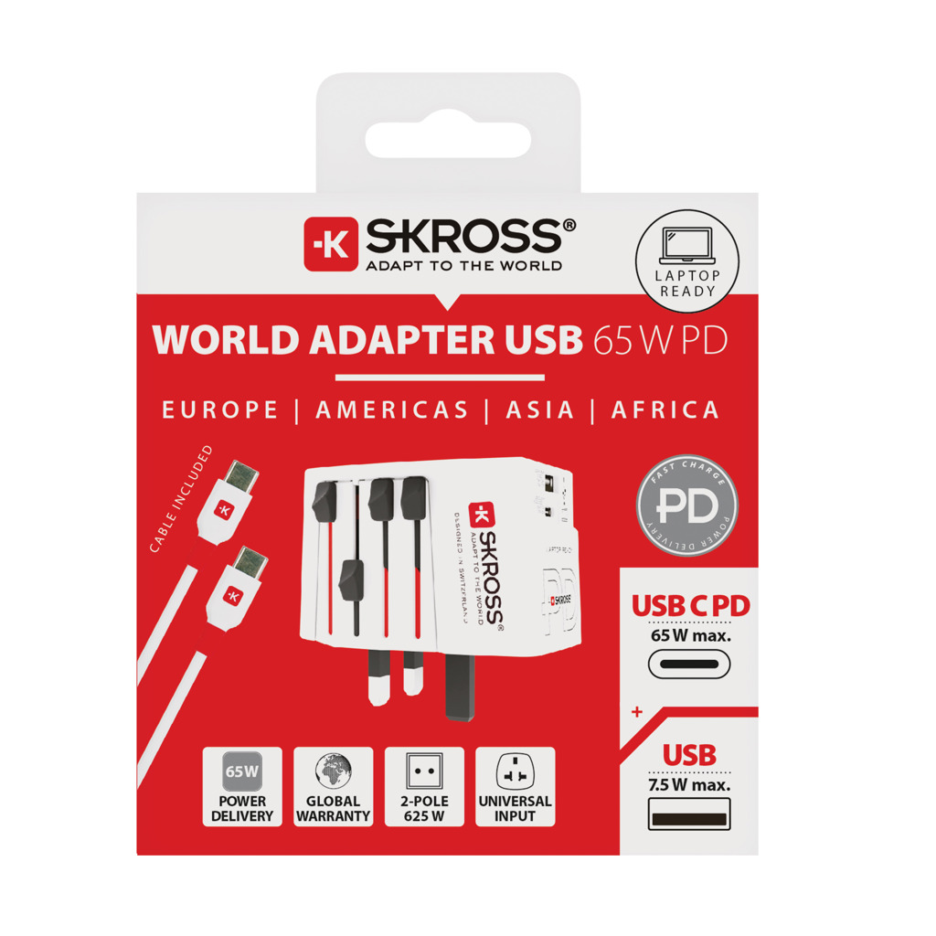 SKROSS 65W Reiseadapter USB‑C PD + USB, Kabel, weiß