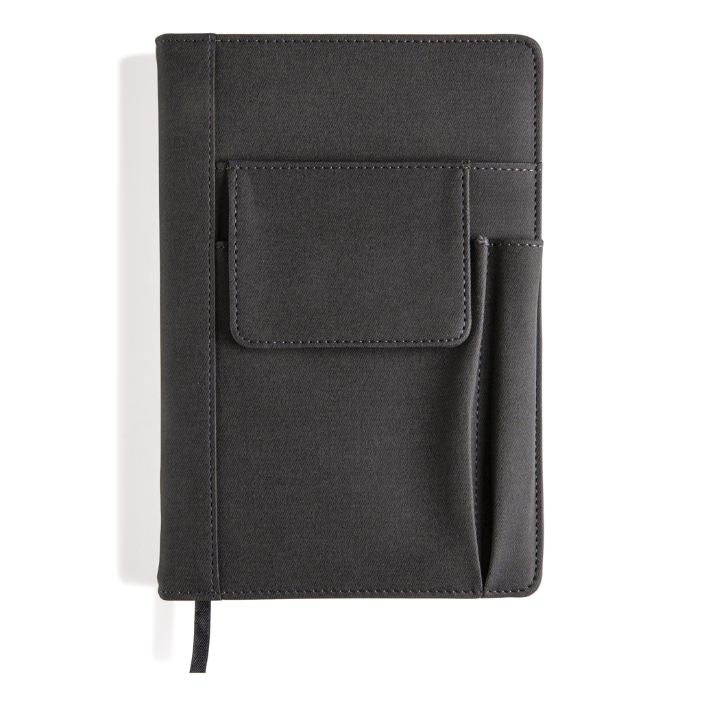XD Collection Notizbuch mit Telefontasche – PU A5, schwarz, mit Logo bedruckbar XD Collection Notizbuch mit Telefontasche – PU A5, schwarz, mit Logo bedruckbar