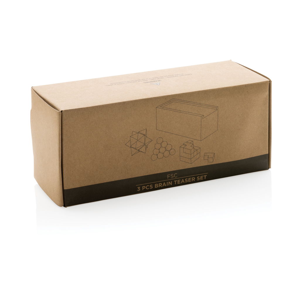 3-tlg. Denkspiel-Set in FSC-Kiefernholzkiste — bedruckbar mit Logo