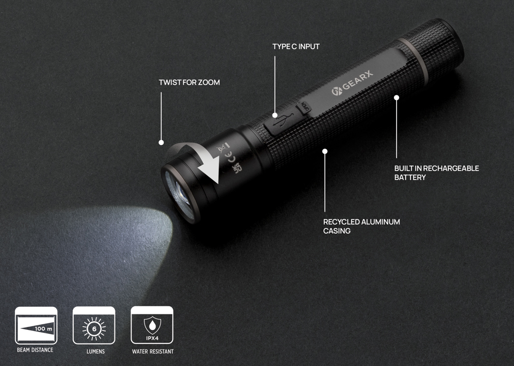 Gear X Taschenlampe P513.90 aus RCS-recyceltem Aluminium, USB-Akku, mit Logo bedruckbar