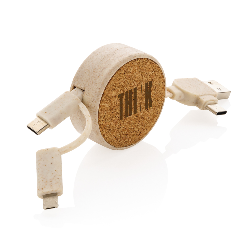 PVC-frei Multi-Ladekabel aus Kork & Weizenstroh, khaki