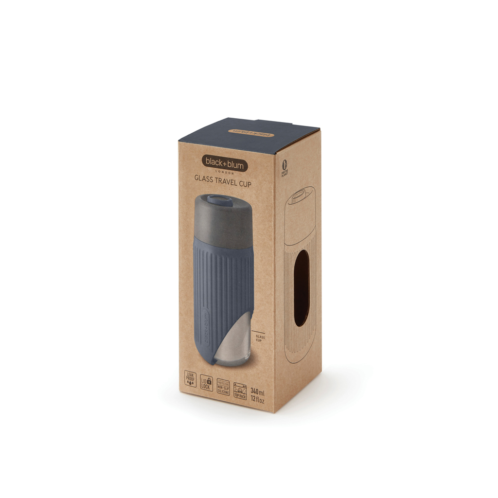 Black+Blum Glas-Reisebecher 340 ml mit Silikonhülle, bedruckbar